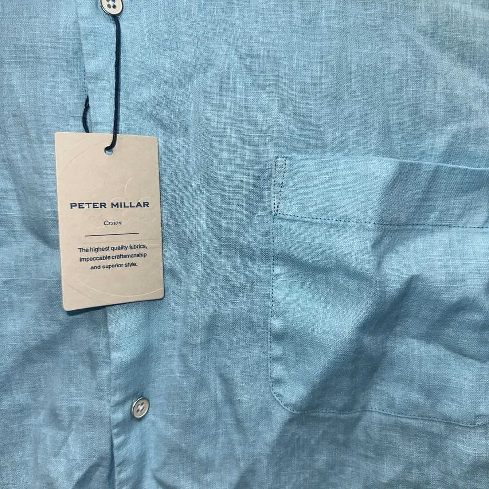NWT Peter Millar Linen Shirt Men Medium Blue Mint Long Sleeve Summer Beachy - Picture 2 of 8